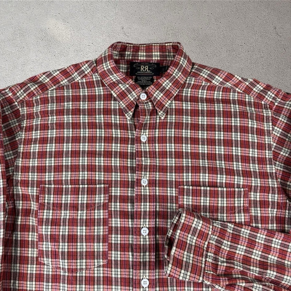 RRL Double RL Ralph Lauren Red‎ Checkered Plaid Button Down Cotton Shirt Sz L